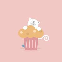 söt och härlig hand dragen katt med cupcake, Lycklig hjärtans dag, födelsedag, kärlek begrepp, platt vektor illustration tecknad serie karaktär design isolerat
