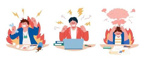 uppsättning av arg, frustrerad och kaotisk tecken på arbetsplats. platt illustration av affärsmän Sammanträde på deras skrivbord med ilska. vektor
