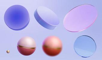 Satz von geometrischen 3D-Elementen, darunter runde Scheiben, Kugeln und Glas, isoliert auf hellviolettem Hintergrund vektor