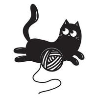 söt katt spelar med en boll av tråd, svart översikt, vektor illustration i klotter stil