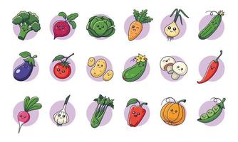 süßes kawaii gemüse im cartoon-stil. Sammlung von Gemüsefiguren. Gemüse-Symbole, Aufkleber, Maskottchen.
