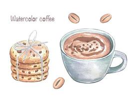 kaffeetasse, kaffeebohnen, haferkekse. Lebensmittel-Aquarell-Illustration vektor