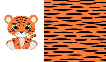 söt tiger bebis och tiger hud sömlös mönster bakgrund. vektor illustration av vild djur- i barnslig tecknad serie platt stil.