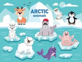 Tiere der Arktis, Antarktis, Südpol. Sammlung nordischer Tiere. Cartoon-Stil für die Kleinen. süße tiere sitzen auf einer eisscholle im ozean. Eisberg, Wasser, Ozean. vektor