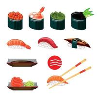 asiatisches Essen. großes Set mit verschiedenen Arten von Sushi, Brötchen, Nigiri, Gukans, Sauce. vektor