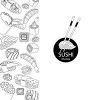 asiatisches Essen. weiße abdeckung für restaurantmenü. japanische küche, sushi, nigiri. traditionelle japanische küche. verschiedene Arten von Sushi auf einem schönen Hintergrund. Schwarz-Weiß-Grafiken vektor