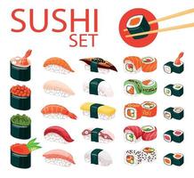 asiatisches Essen. großes Set mit verschiedenen Arten von Sushi, Brötchen, Nigiri, Gukans, Sauce. vektor