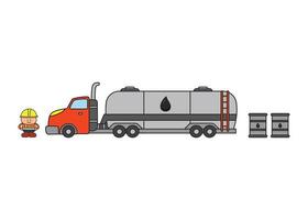 vektor-illustration handgezeichnete farbe kinder baukasten tankwagen mit brennstofffässern und bauarbeiter vektor