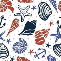 Meeresmuscheln, Anker und Seesterne Unterwasserwelt handgezeichneter Vektor nahtloser Musterhintergrund