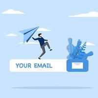 E-Mail-Abonnement zum Versenden von Newslettern für Produktaktionen und -aktualisierungen, Geschäftsmann, der Origami-Papierflugzeug auf E-Mail-Abonnementformular auf der Website startet, Online-Kommunikations- und Marketingkonzept vektor