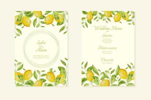 bröllop inbjudan kort med vattenfärg citron- bruncher. mall för hälsning, födelsedag kort, posters med text plats. vektor