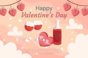 st. hjärtans dag bakgrund design med flaska och två glas av vin, låda med choklad i hjärta form med band, hjärtan krans på topp. hälsning kort vektor
