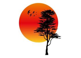 Baumsilhouette und Adler, Logokonzept der roten Sonnenunterganglandschaft, Vektor lokalisiert auf weißem Hintergrund