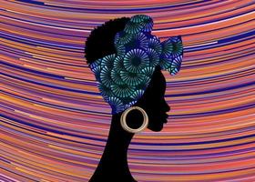 Portrait afrikanische Frau trägt Bandana für lockige Frisuren. shenbolen ankara kopftuch frauen. afro traditioneller Headtie-Schal-Turban in Tribal-Blumen-Stoff-Design-Textur. Vektor gestreifter Hintergrund