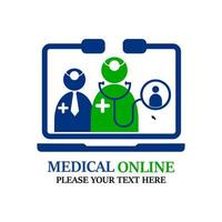 medizinische Online-Logo-Design-Vorlage Illustration. es gibt laptop, arzt und patient. Das ist gut für die Medizin vektor