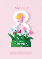 kort och affisch kampanj av kvinnors dag i papper skära stil på rosa papper mönster bakgrund. vektor