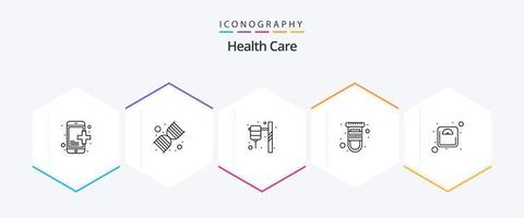 hälsa vård 25 linje ikon packa Inklusive skala. flaska. testa rör. blod vektor