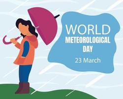 Illustrationsvektorgrafik einer Frau, die einen Regenschirm trägt, wenn es im Garten regnet, perfekt für internationalen Tag, Weltmeteorologietag, Feiern, Grußkarte usw. vektor