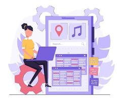 App-Entwicklung. Ein Programmierer-Entwickler erstellt eine Anwendung auf dem Telefon. eine frau sitzt auf einem ritzel vektor