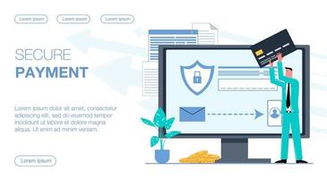 affärsman utför säkra betalning från dator med kort och SMS verifiering platt vektor illustration