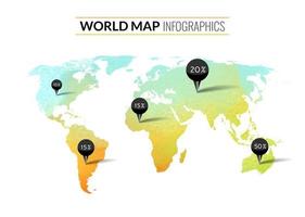 bunte Vektor-Aquarell-Weltkarte Infografiken mit Tags Pins und Prozenten vektor