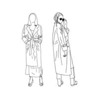 Junge Mädchen posieren in trendigen Trenchcoats, die linear gezeichnet sind. Vektor-Illustration. vektor