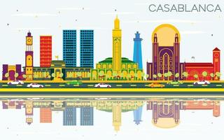casablanca marokko stadtskyline mit farbigen gebäuden, blauem himmel und reflexionen. vektor