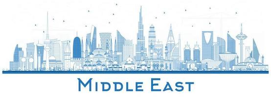 skizzieren Sie die Skyline der Stadt im Nahen Osten mit blauen Gebäuden, die auf Weiß isoliert sind. vektor