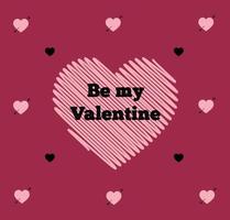 rosa hjärta med vara min valentine titel isolerat på mörk röd bakgrund med små hjärtan. romantisk hälsning kort för hjärtans dag. vektor illustration.