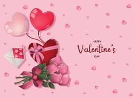 glücklicher valentinstag, mit herzen, liebespost, geschenkbox und rosenstrauß. romantische zitatpostkarte, karte, einladung, bannervorlage. Vektor-Illustration. vektor