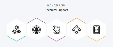 Technischer Support 25-zeiliges Icon-Paket inklusive Chat. Unterstützung. Unterstützung. Lebensretter. Dienstleistungen vektor