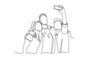 enda ett linje teckning tre vänner stående och ta en selfie tillsammans. hangouts med vänner begrepp. kontinuerlig linje dra design grafisk vektor illustration.