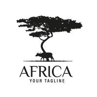 Afrikanischer Akazienbaum mit afrikanischer Büffel-Silhouette für Safari-Abenteuer-Logo-Design-Vektor vektor