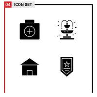 Gruppe von 4 soliden Glyphen Zeichen und Symbolen für Aktenkoffer Home Koffer Brunnen Hütte editierbare Vektordesign-Elemente vektor