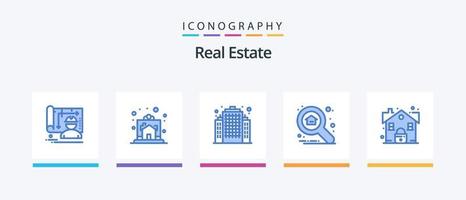 Immobilien blau 5 Icon Pack inklusive Schloss. entdecken. Haus. Suche. Wohnung. kreatives Symboldesign vektor