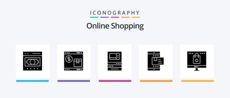 Online-Shopping Glyph 5 Icon Pack inklusive Zahlung. E-Commerce. Einkaufen. zurückziehen. Maschine. kreatives Symboldesign vektor
