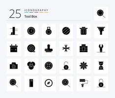 Tools 25 solides Glyphen-Icon-Pack inklusive Aktenkoffer. Werkzeug. Werkzeug. Optionen. Drücken Sie vektor