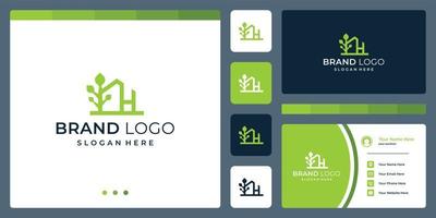 logotyp den där skördetröskor hus former och ett abstrakt träd form. och brev h. företag kort. vektor