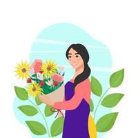 Eine junge Frau hält einen üppigen Blumenstrauß in ihren Händen. vektorillustration im flachen stil. süße weibliche Figur vektor