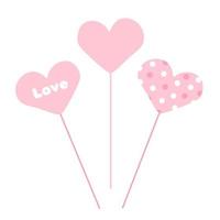 Satz rosa Herzen für Liebhaber auf Stockhaltern mit Text, einfachen und Tupfen vektor