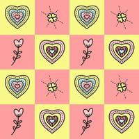 kärlek former med annorlunda hjärtan och blomma mönster på färgrik geometrisk fyrkant bakgrund mönster. sömlös mönster vektor illustration. lämplig för hjärtans dag kort, omslag papper, textil-