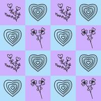Liebesformen mit verschiedenen Herzen und Blumenmustern auf bunten geometrischen quadratischen Hintergrunddesigns. nahtlose Muster-Vektor-Illustration. geeignet für Valentinstagskarten, Geschenkpapier, Textil vektor