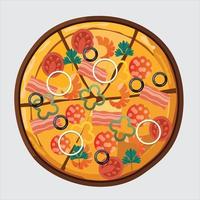 Pizza mit Salami, Oliven und Tomaten Draufsicht isoliert auf weißem Hintergrund, Vektorillustration vektor