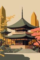 japanischer tempel oder asiatische pagode, japanisches traditionelles wahrzeichen mit kirschblütenbaum vektor