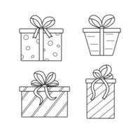 Ikonen von Geschenken mit Schleifen. Vektor-Doodle-Elemente Geschenkpapier. eine Reihe von Geschenkboxen für den Urlaub. isolieren auf einer weißen hintergrundillustration. vektor