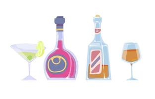 tecknad serie Färg teckning av flaskor och glasögon med alkoholhaltig drycker på en vit bakgrund. vektor illustration.
