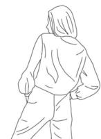 das Bild eines sitzenden Mädchens mit einem Telefon in einem linearen Stil. Schwarz-Weiß-Vektor-Illustration. vektor