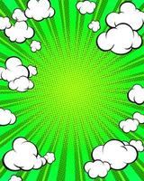 pop- konst vertikal baner mall. presentation av din produkt. grön bakgrund med radiell strålar och moln. vektor illustration.