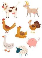 Nutztiere. Kuh, Ziege, Truthahn, Hahn, Huhn, Schaf, Gans, Schwein. satz von bauernhof und landschaft. perfekt für druck, logo, logo und produkt für produkte. Vektor-Cartoon-Illustration. vektor