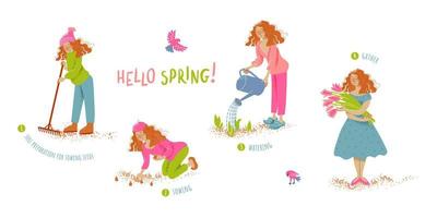 Frühlingsgartenthema. Ein süßes Mädchen bereitet den Boden mit einem Rechen vor, pflanzt Tulpenzwiebeln, gießt die Sprossen mit einer Gießkanne und sammelt einen Blumenstrauß. vektor